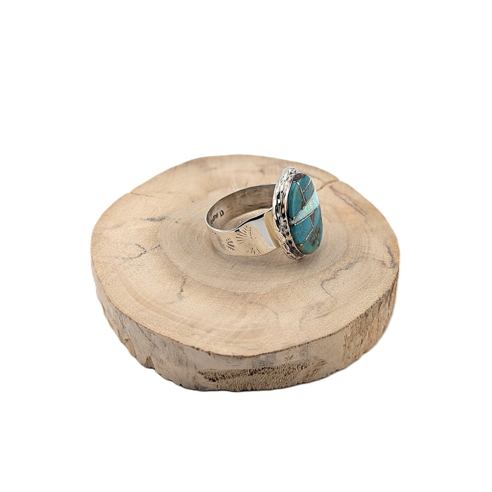 Handcrafted Navajo Turquoise Opal Inlay Oval Tri-Cut Ring Signed NA Sz 12 US** - Picture 5 of 10
